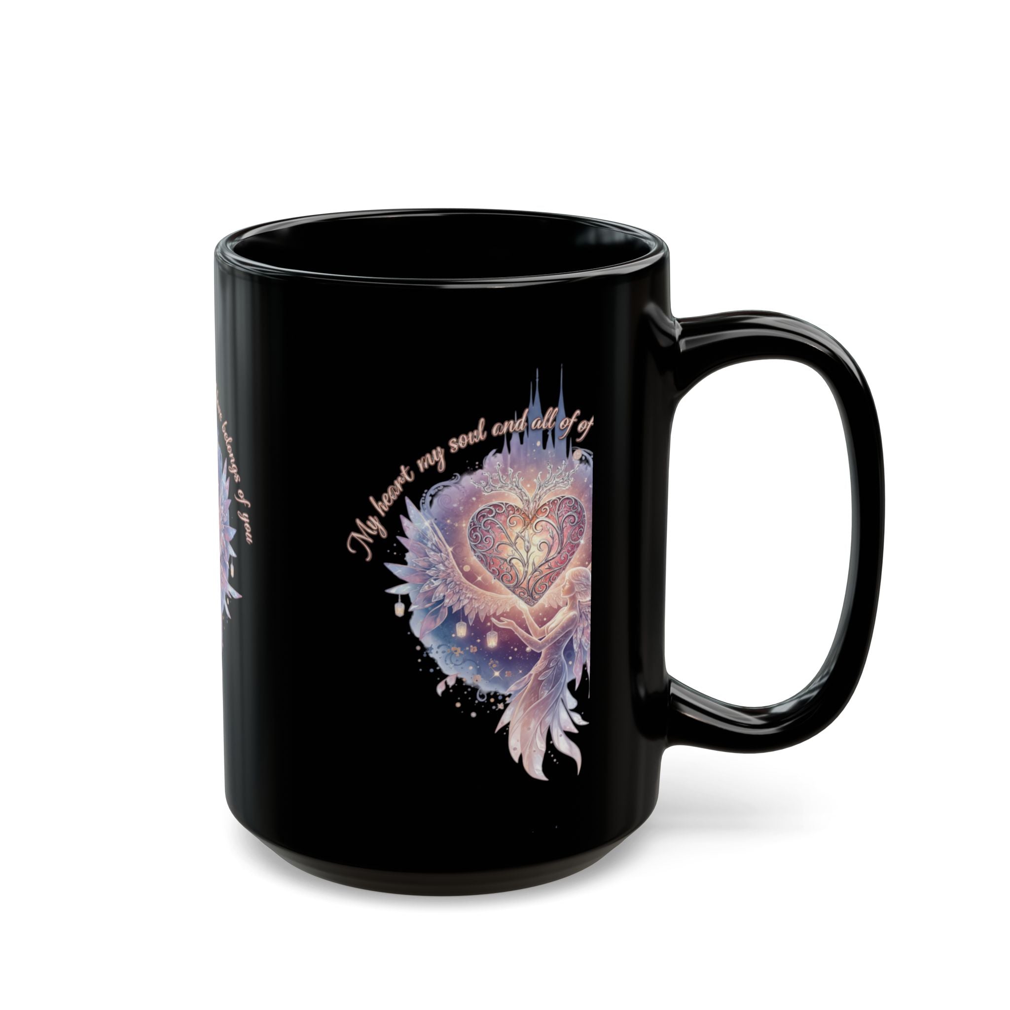 Heart Fairy Art Mug — "Always By Your Side" Romantic Black Coffee Cup