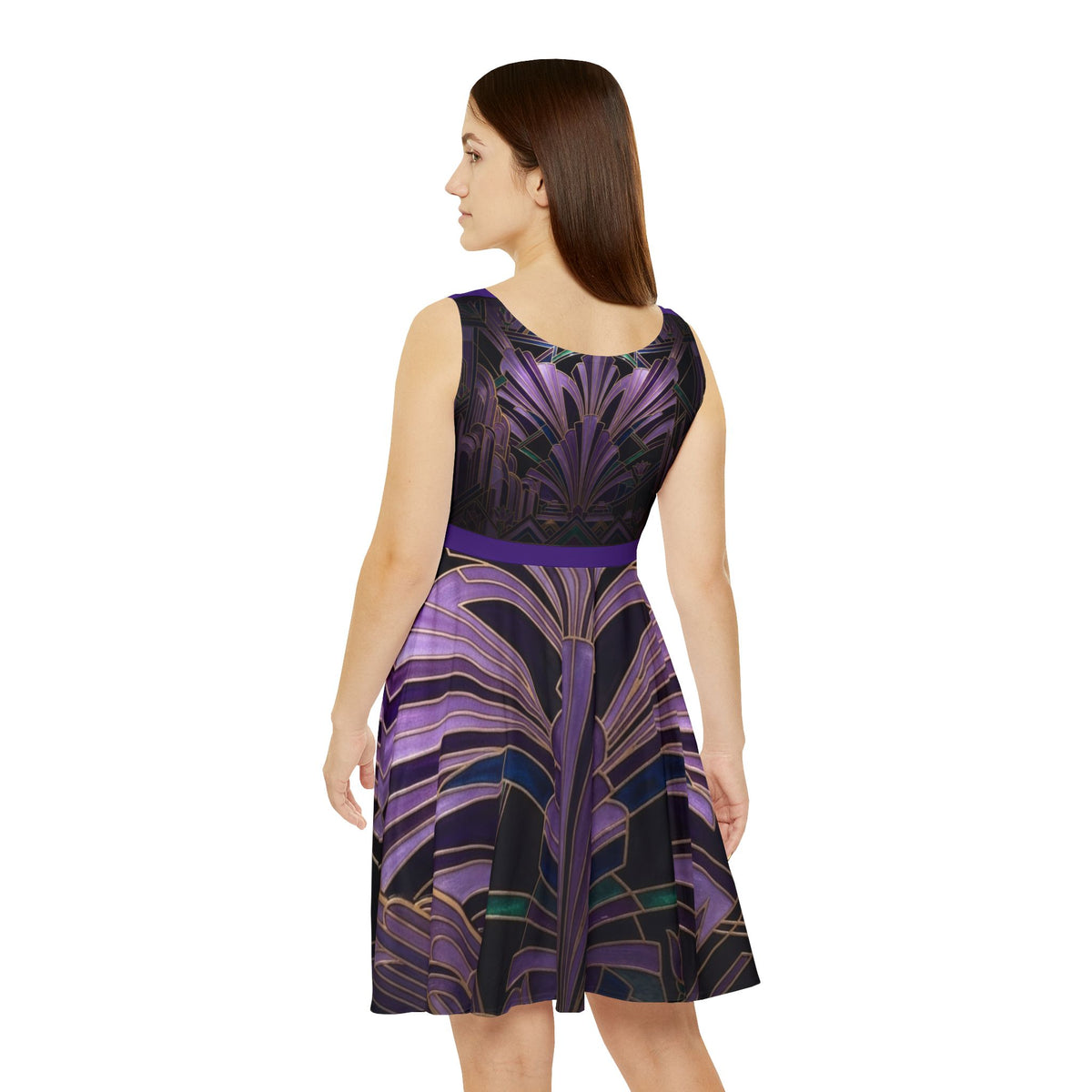 Art Deco Purple Floral Skater Dress - Vintage Glam AOP