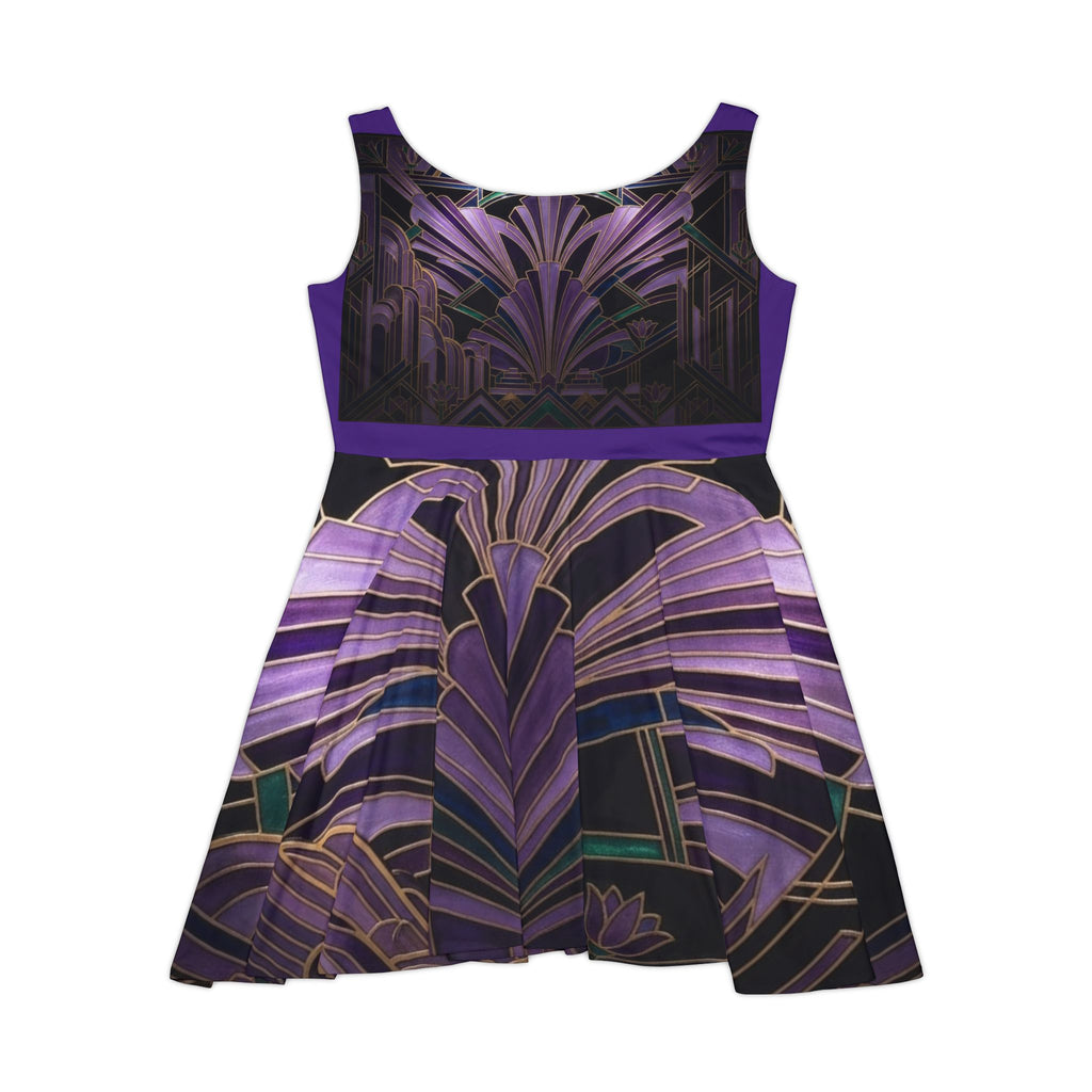 Art Deco Purple Floral Skater Dress - Vintage Glam AOP