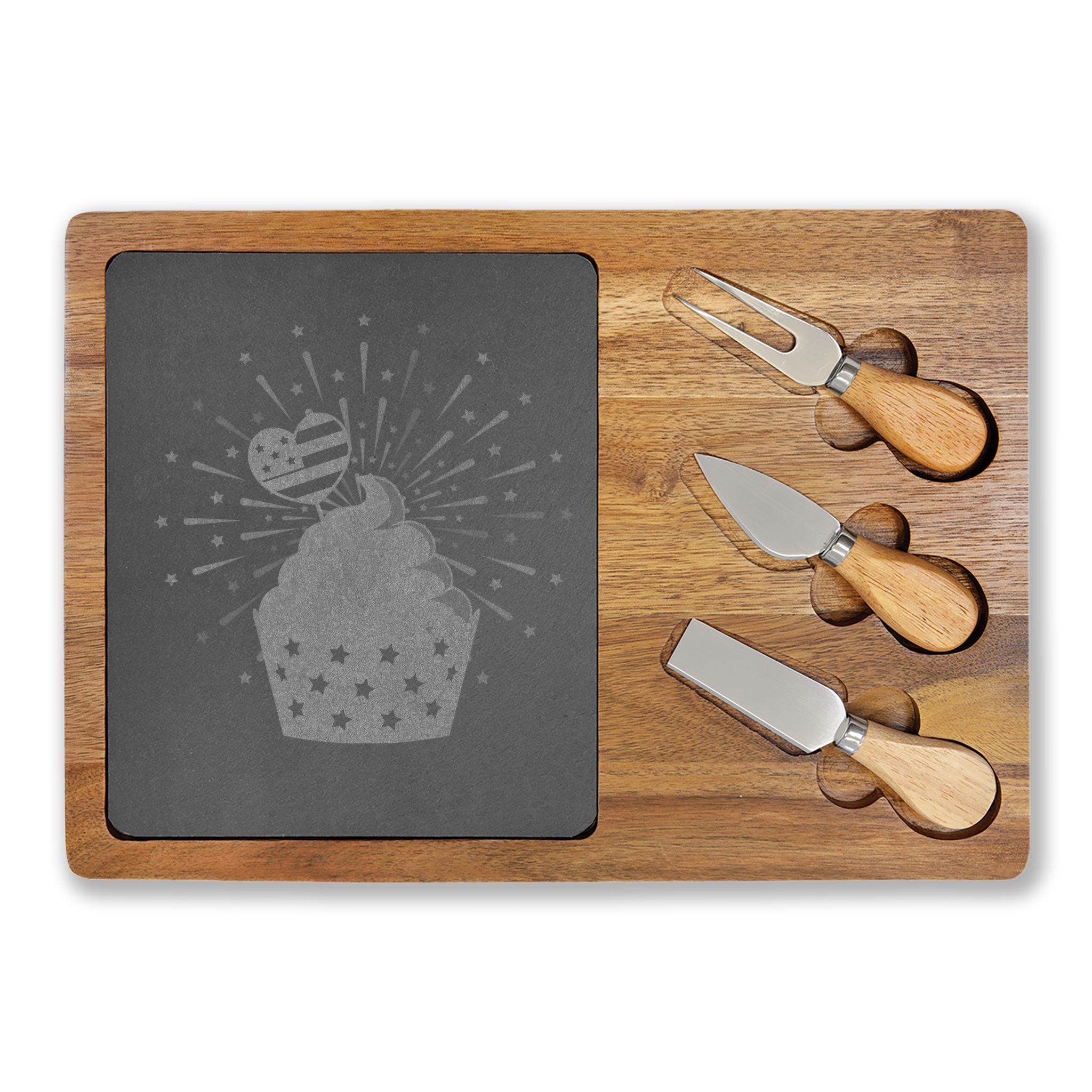 Engraved Bamboo Charcuterie Board with Slate - Cupcake Design Cheese Serving Set