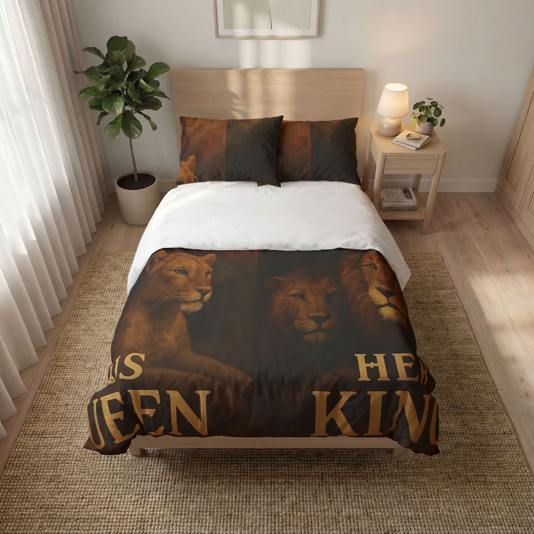His Queen Her King Lion Portrait Quilt Cover Set — Royal African Couple Bedding (3-Piece)