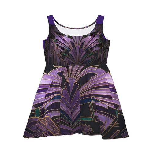 Art Deco Purple Floral Skater Dress - Vintage Glam AOP