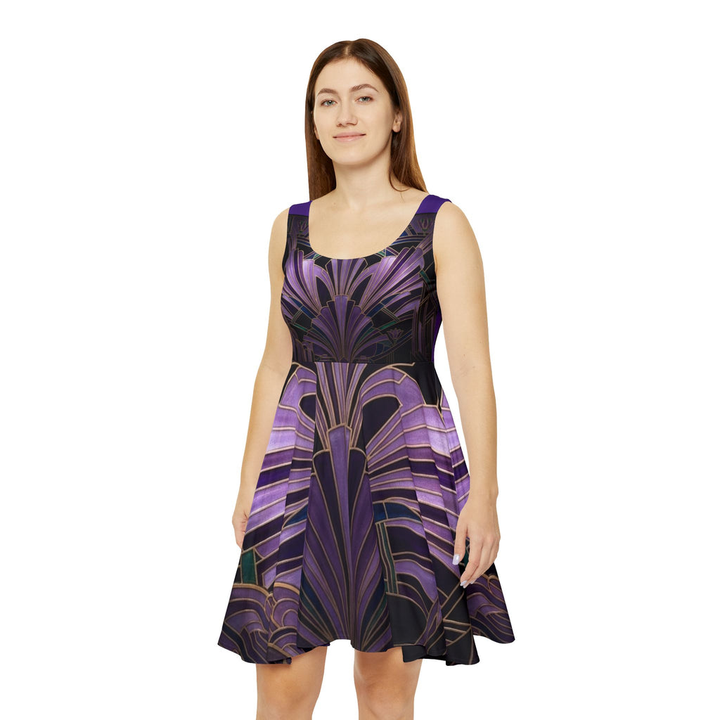 Art Deco Purple Floral Skater Dress - Vintage Glam AOP
