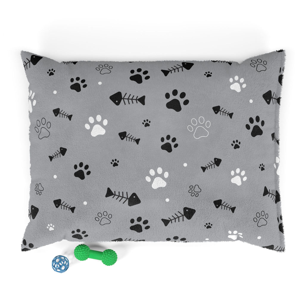 Cozy Paw Print Pet Bed – Gray Fishbone & Paw Pattern Cushion for Dogs & Cats