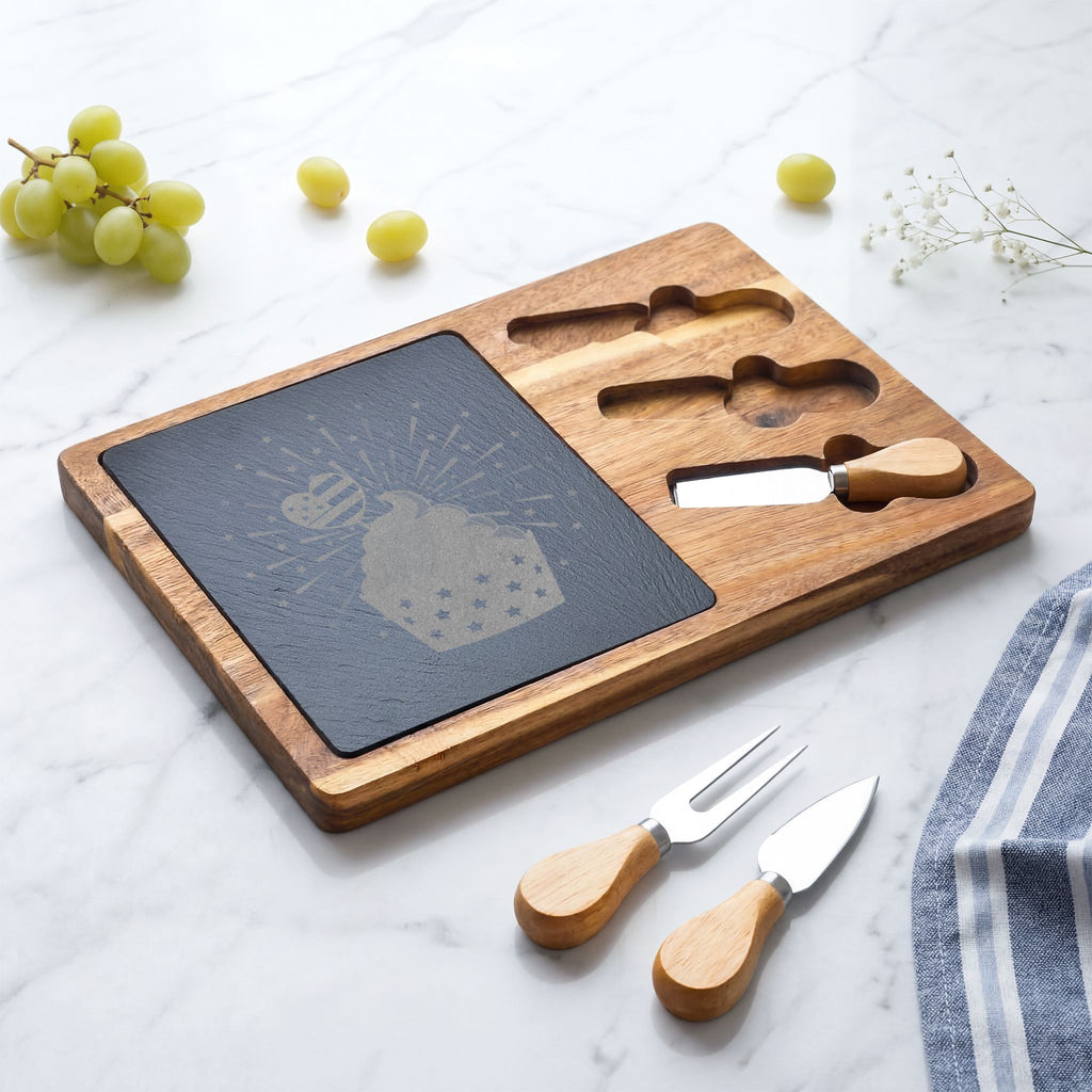 Engraved Bamboo Charcuterie Board with Slate - Cupcake Design Cheese Serving Set