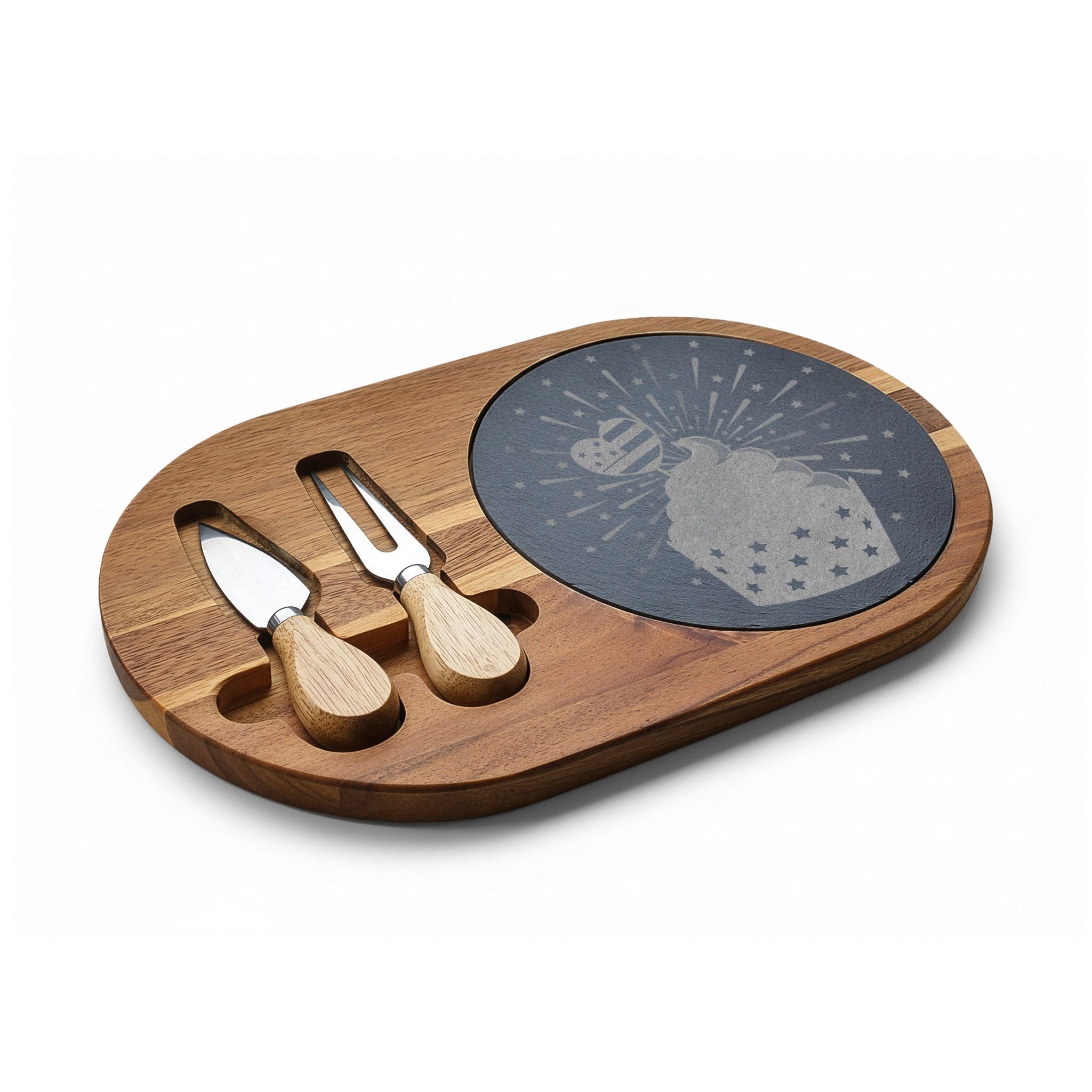 Engraved Bamboo Charcuterie Board with Slate - Cupcake Design Cheese Serving Set
