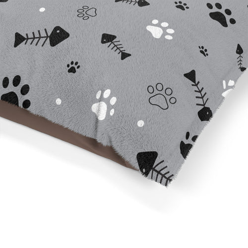 Cozy Paw Print Pet Bed – Gray Fishbone & Paw Pattern Cushion for Dogs & Cats