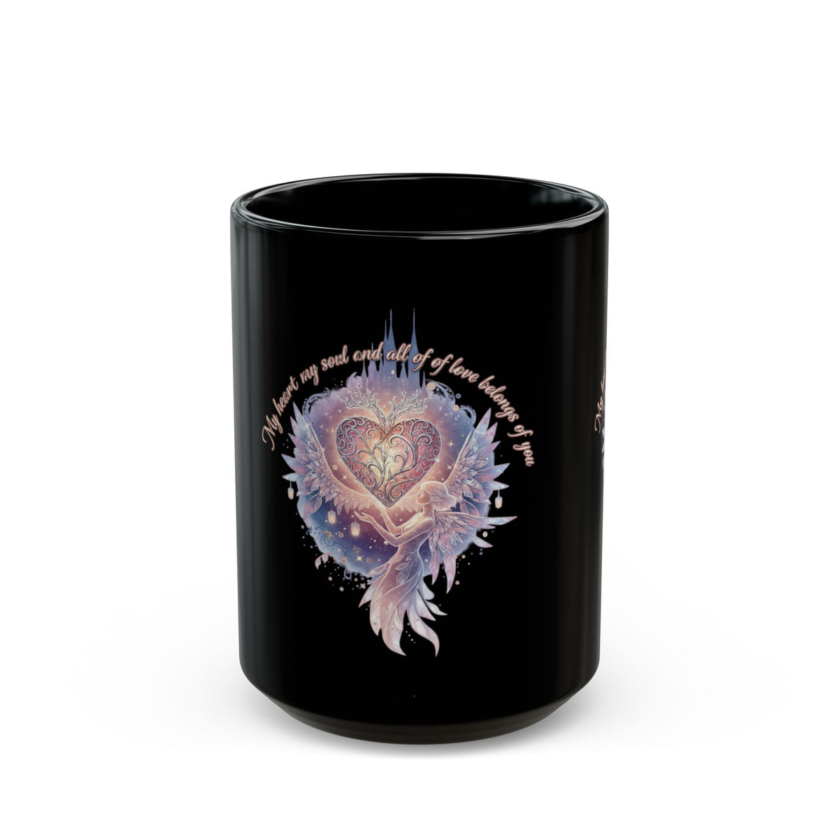 Heart Fairy Art Mug — "Always By Your Side" Romantic Black Coffee Cup