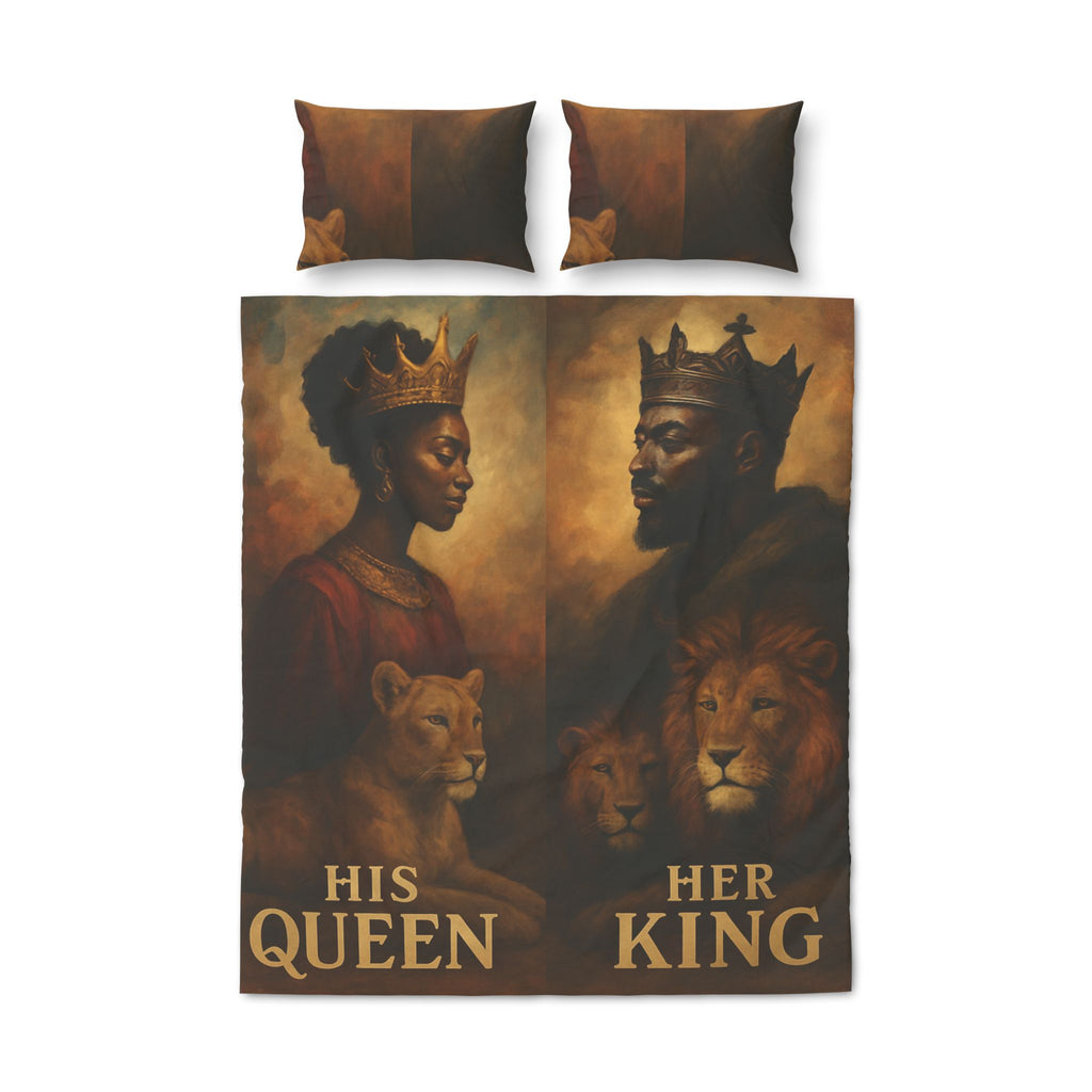 His Queen Her King Lion Portrait Quilt Cover Set — Royal African Couple Bedding (3-Piece)