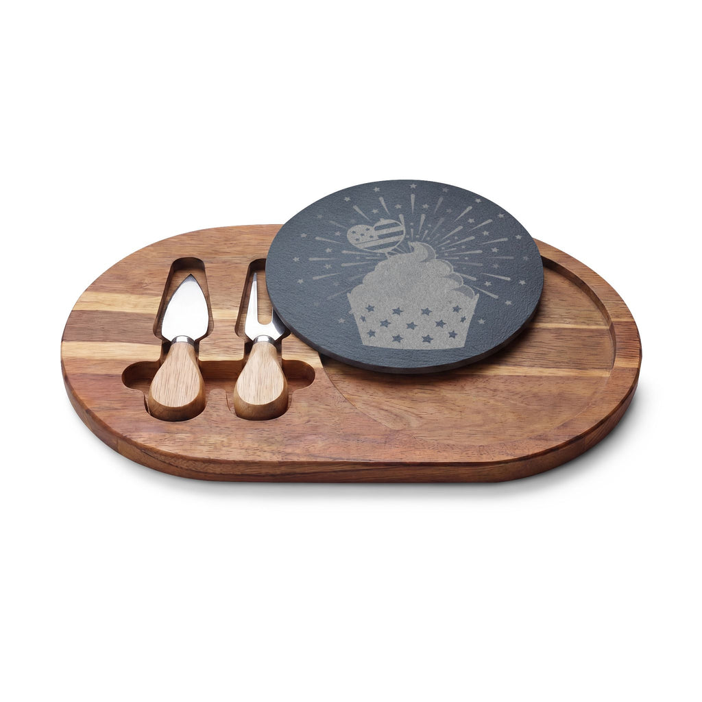 Engraved Bamboo Charcuterie Board with Slate - Cupcake Design Cheese Serving Set