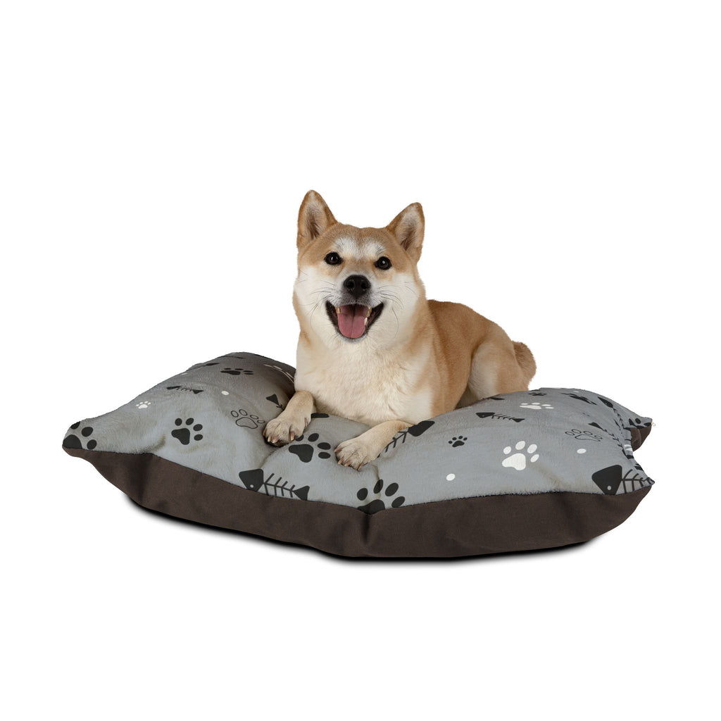 Cozy Paw Print Pet Bed – Gray Fishbone & Paw Pattern Cushion for Dogs & Cats