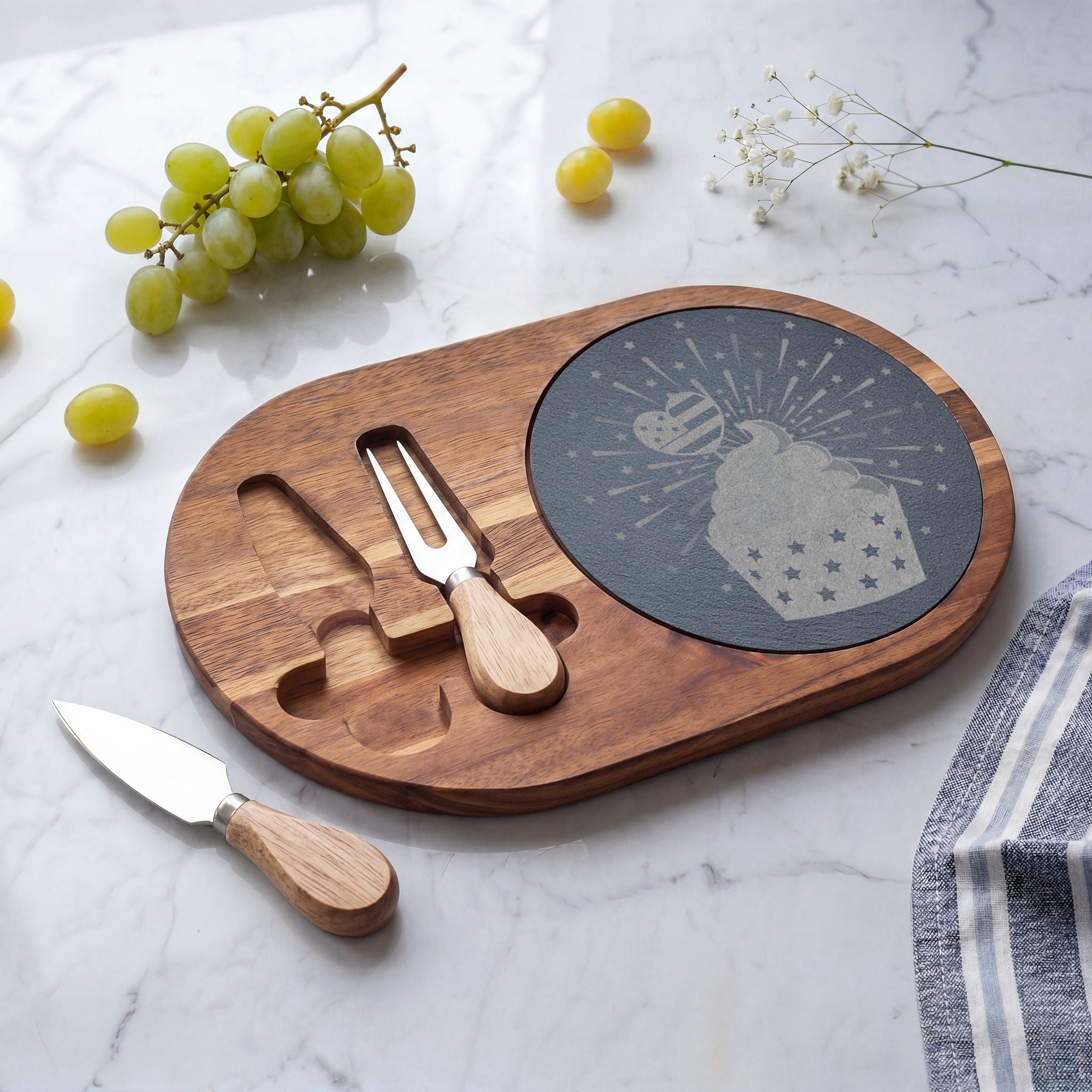 Engraved Bamboo Charcuterie Board with Slate - Cupcake Design Cheese Serving Set