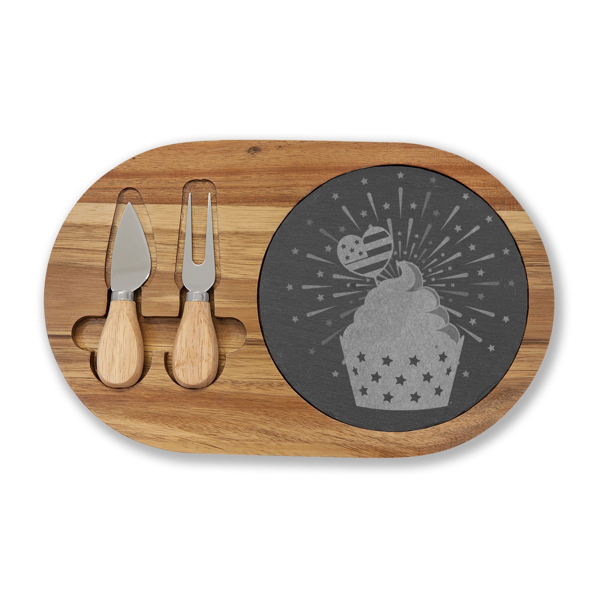 Engraved Bamboo Charcuterie Board with Slate - Cupcake Design Cheese Serving Set