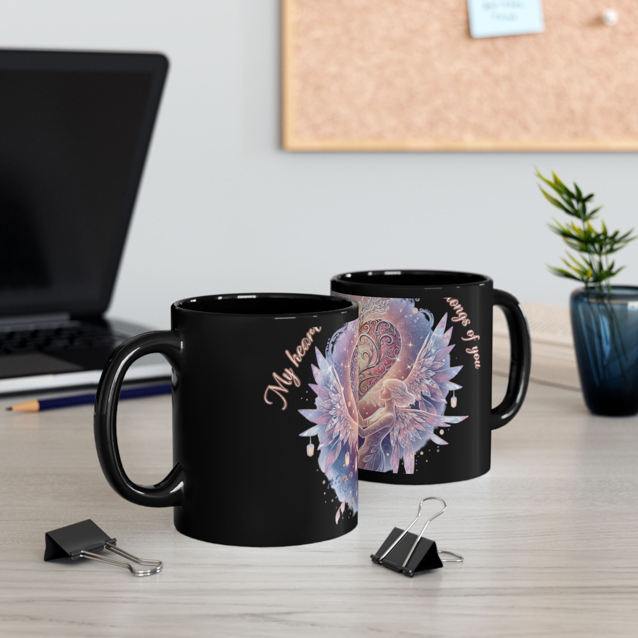 Heart Fairy Art Mug — "Always By Your Side" Romantic Black Coffee Cup