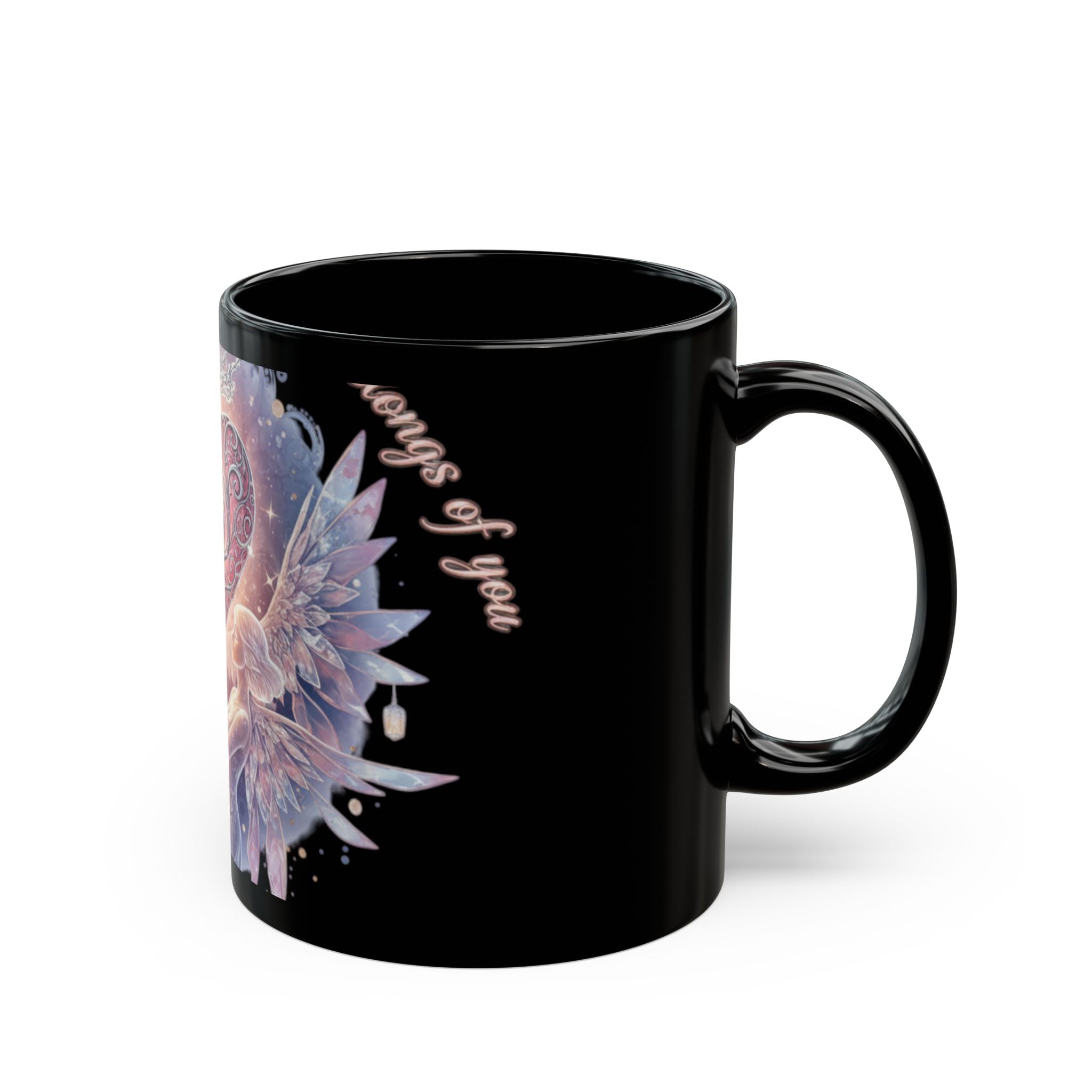 Heart Fairy Art Mug — "Always By Your Side" Romantic Black Coffee Cup