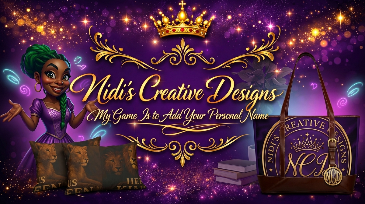 A promotional graphic for a custom tote bag design service by Midi's Creative Designs. The image features a purple and gold glittery background with a cartoon princess character, decorative gold text, and a brown tote bag on the right displaying the custom design.