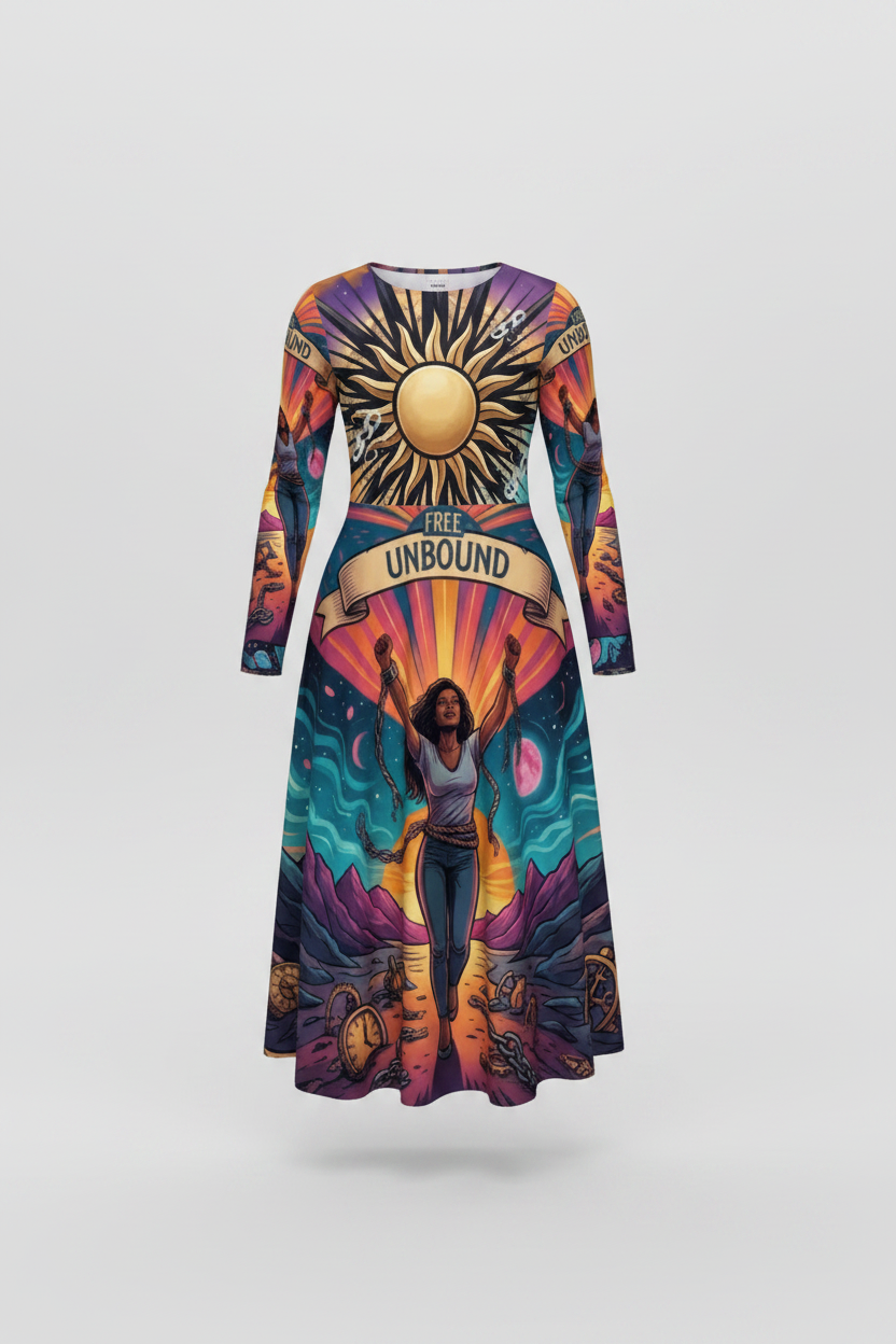 The Free Unbound Long-Sleeve Maxi Dress - cosmic liberation graphic print