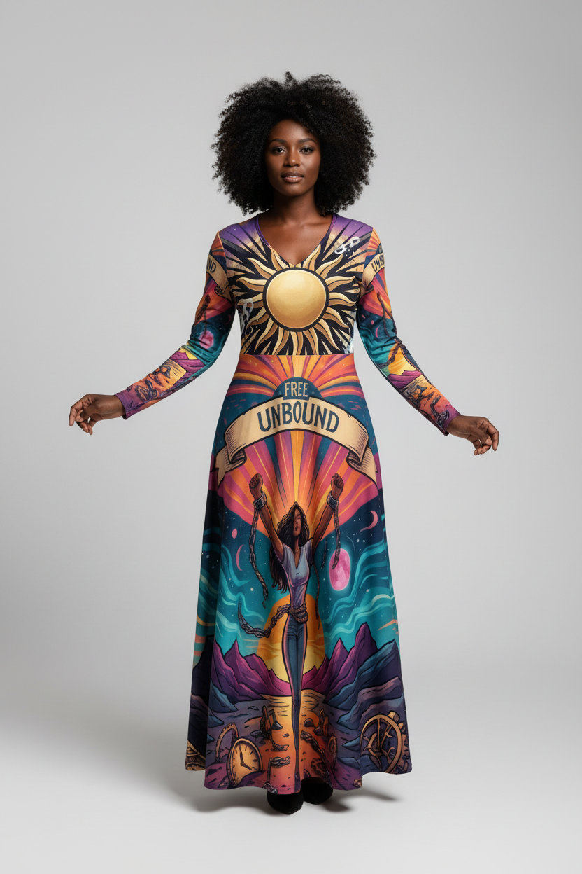 Woman wearing the Free Unbound Long-Sleeve Maxi Dress - cosmic liberation print